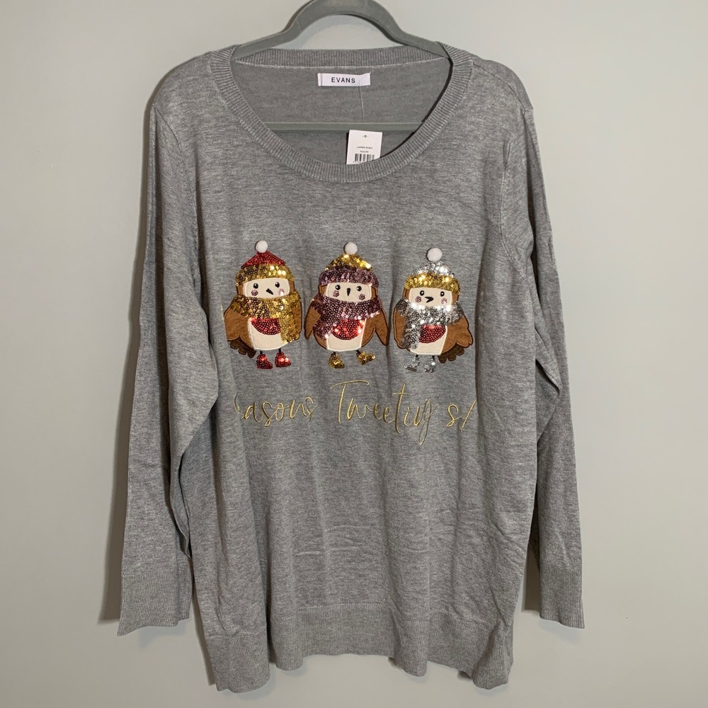 NEW EVANS Grey Sequin Robin Christmas‎ Sweater Seasons Tweetings Plus Size 26 28